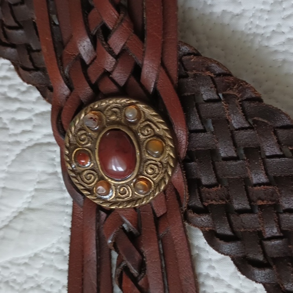 Leather Braided Cabochon Brown Belt XL Boho Western Cowgirl Antique Gold - Picture 5 of 7